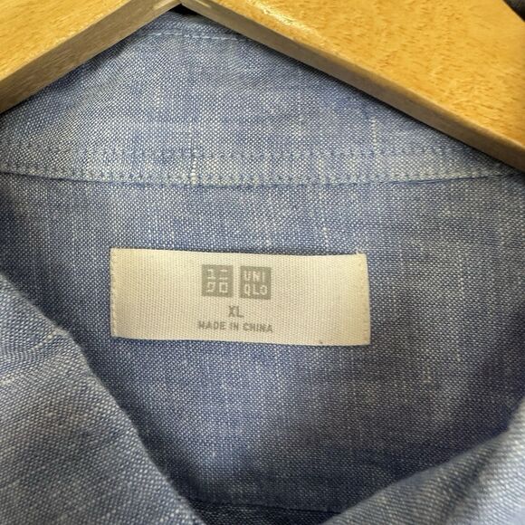 Uniqlo Shirt Mens XL Blue Linen Button Up Long Sleeve Casual City‎ Beach Travel - Picture 3 of 8